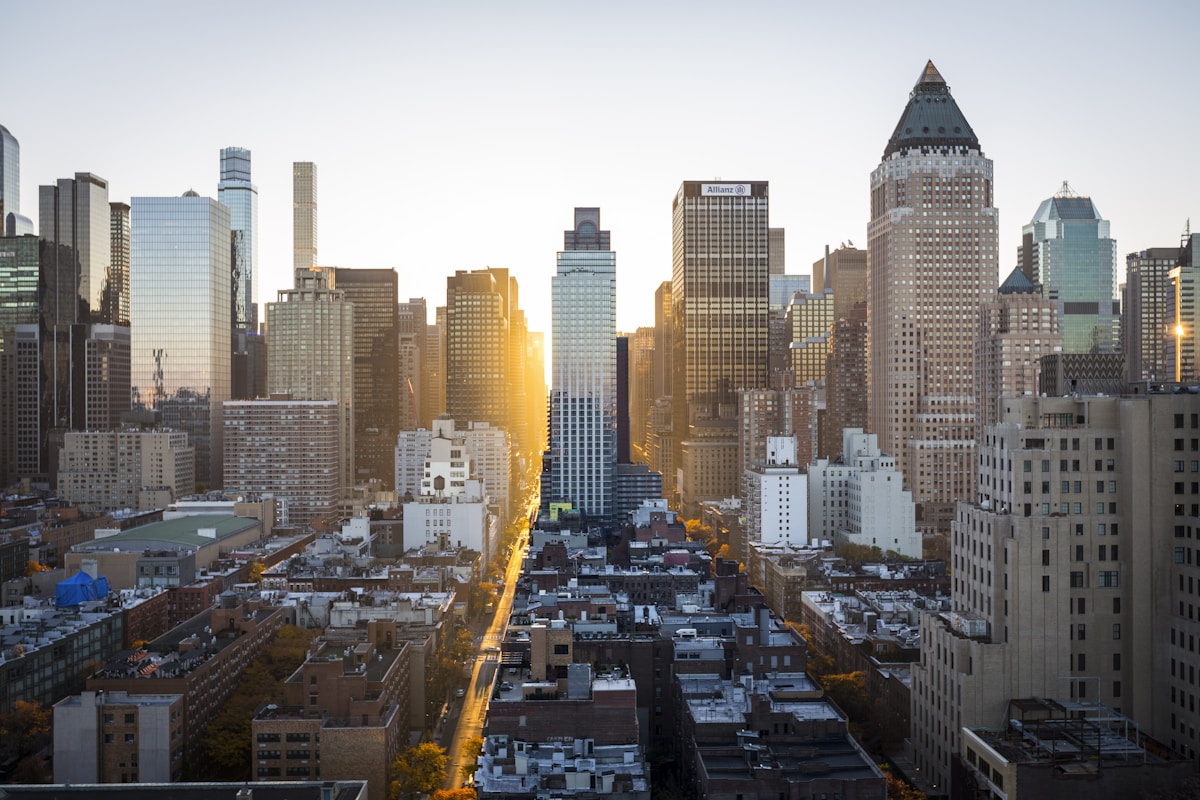 A city skyline at sunset