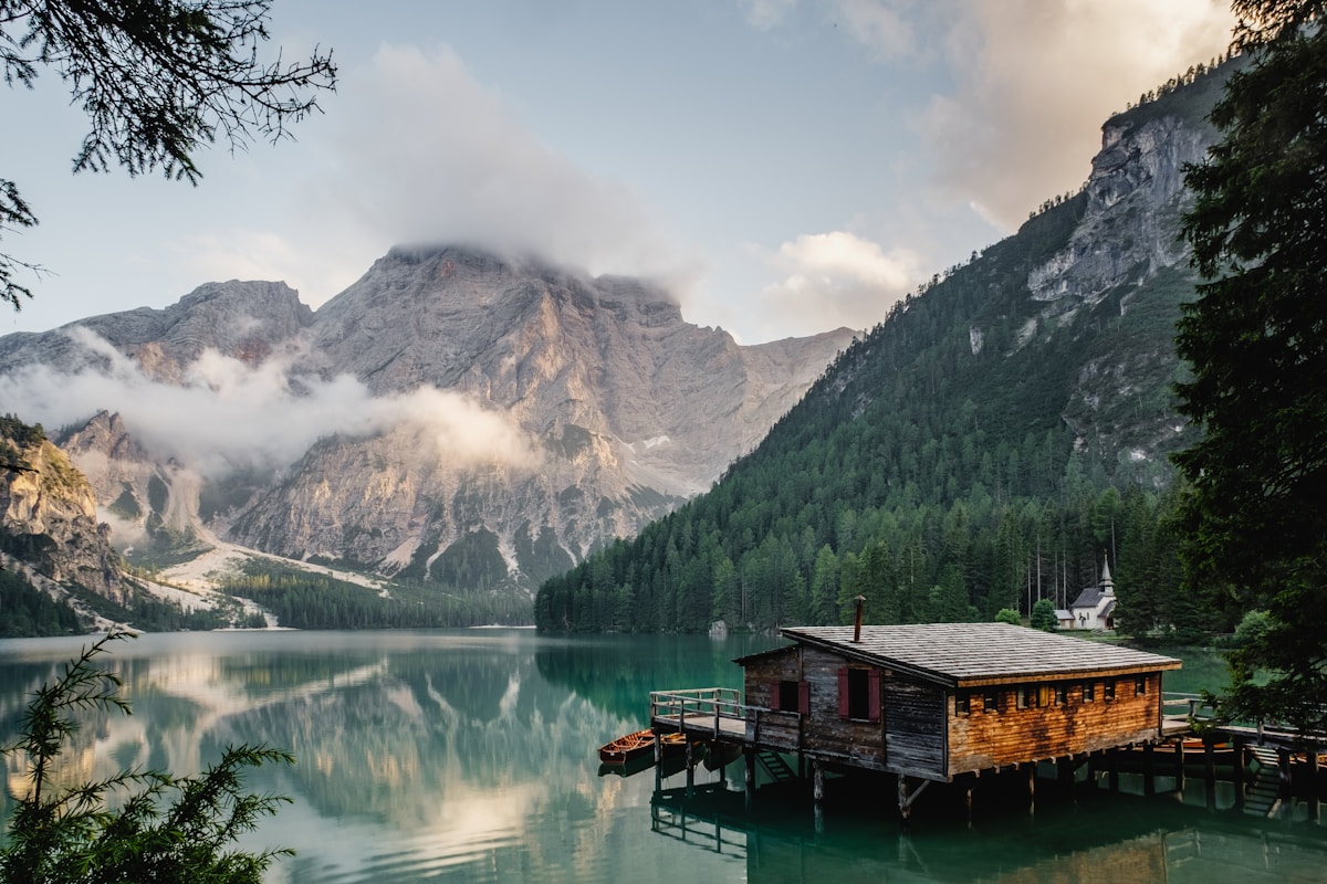 Mountains reflected in a still alpine lake